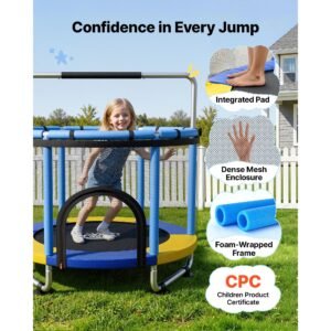 60" trampoline for kids, 5 ft toddler mini trampoline, 132 lbs indoor outdoor play toys with enclosure net and adjustable gymnastics bar, christmas toys birthday gifts for girls boys