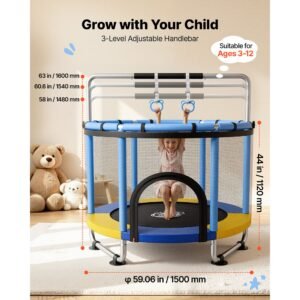60" trampoline for kids, 5 ft toddler mini trampoline, 132 lbs indoor outdoor play toys with enclosure net and adjustable gymnastics bar, christmas toys birthday gifts for girls boys