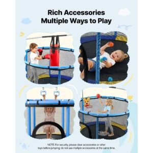 60" trampoline for kids, 5 ft toddler mini trampoline, 132 lbs indoor outdoor play toys with enclosure net and adjustable gymnastics bar, christmas toys birthday gifts for girls boys