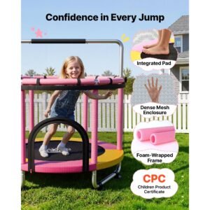 60" trampoline for kids, 5 ft toddler mini trampoline, 132 lbs indoor outdoor play toys with enclosure net and adjustable gymnastics bar, christmas toys birthday gifts for girls boys