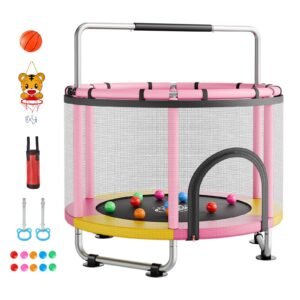 60" Trampoline for Kids, 5 FT Toddler Mini Trampoline, 132 lbs Indoor Outdoor Play Toys with Enclosure Net and Adjustable Gymnastics Bar, Christmas Toys Birthday Gifts for Girls Boys