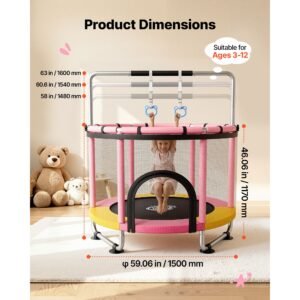 60" trampoline for kids, 5 ft toddler mini trampoline, 132 lbs indoor outdoor play toys with enclosure net and adjustable gymnastics bar, christmas toys birthday gifts for girls boys