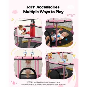 60" trampoline for kids, 5 ft toddler mini trampoline, 132 lbs indoor outdoor play toys with enclosure net and adjustable gymnastics bar, christmas toys birthday gifts for girls boys