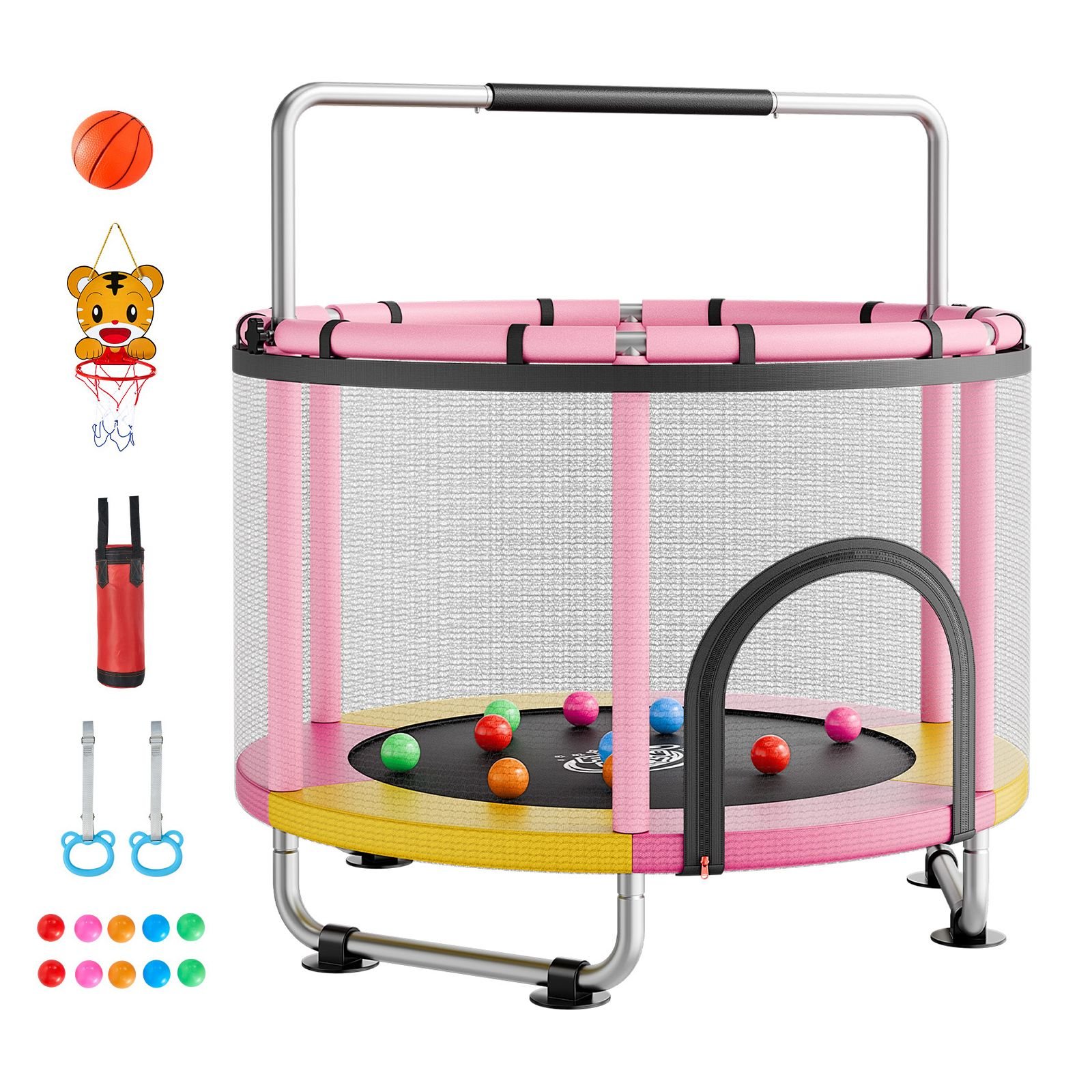 60" trampoline for kids, 5 ft toddler mini trampoline, 132 lbs indoor outdoor play toys with enclosure net and adjustable gymnastics bar, christmas toys birthday gifts for girls boys