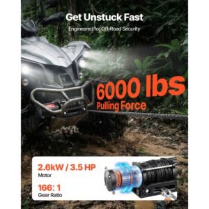 6000 lbs electric winch, 12v dc atv/utv winch with Φ0.24 in x 49.2 ft synthetic rope, wireless & wired remote control, ip55 waterproof, with fairlead mount plate for towing atv utv off road