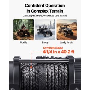 6000 lbs electric winch, 12v dc atv/utv winch with Φ0.24 in x 49.2 ft synthetic rope, wireless & wired remote control, ip55 waterproof, with fairlead mount plate for towing atv utv off road