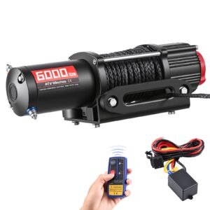 6000 lbs Electric Winch, 12V DC ATV/UTV Winch with Φ0.24 in x 49.2 ft Synthetic Rope, Wireless & Wired Remote Control, IP55 Waterproof, with Fairlead Mount Plate for Towing ATV UTV Off-Road