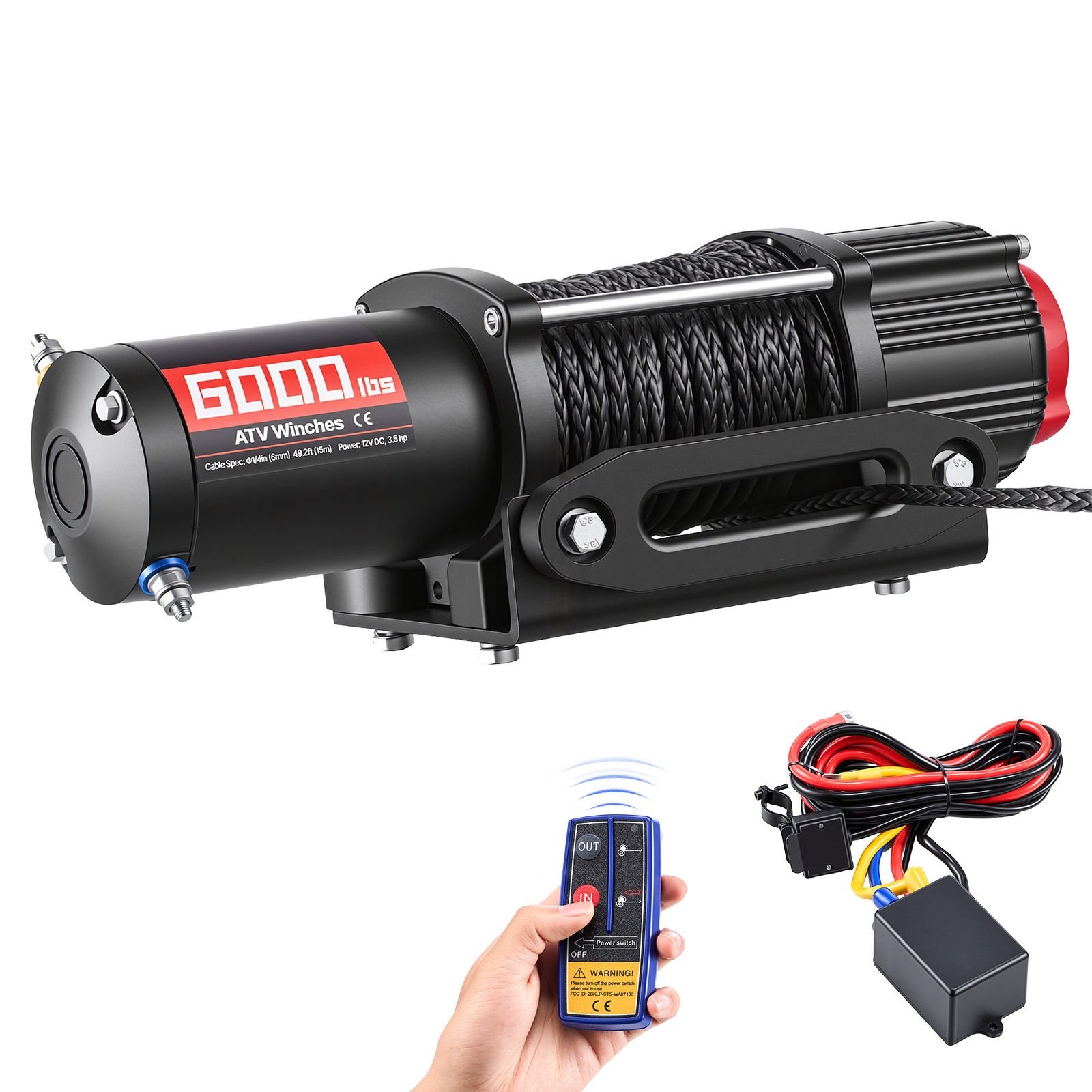 6000 lbs electric winch, 12v dc atv/utv winch with Φ0.24 in x 49.2 ft synthetic rope, wireless & wired remote control, ip55 waterproof, with fairlead mount plate for towing atv utv off road