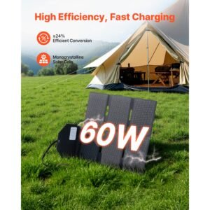 60w foldable solar panel charger, 16bb n type monocrystalline solar panel 24% efficiency, lightweight portable with mc4 output, type c, usb a & dc ports for power stations camping hiking