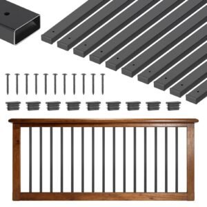 61 Pack Deck Balusters, 29.5 in Galvanized Steel Railing Spindles, Hollow Rectangle Metal Decking Stair Balusters with Pre-Drilled Hole, End Caps, Screws, for Deck, Porch & Stair Railing, Black