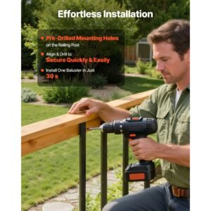 61 pack deck balusters, 29.5 in galvanized steel railing spindles, hollow rectangle metal decking stair balusters with pre drilled hole, end caps, screws, for deck, porch & stair railing, black