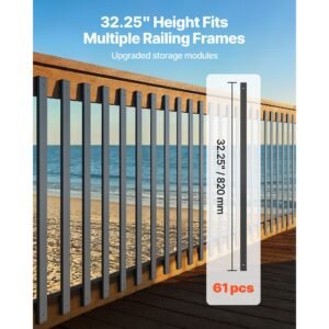 61 pack deck balusters, 32.28 in galvanized steel railing spindles, hollow rectangle metal decking stair balusters with pre drilled hole, end caps, screws, for deck, porch & stair railing, black