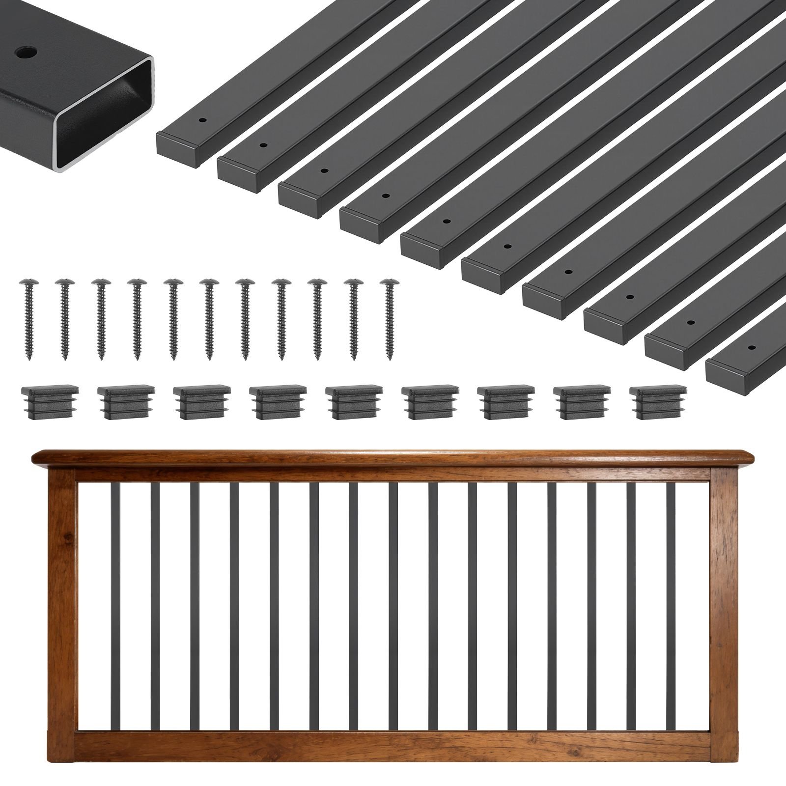 61 pack deck balusters, 32.28 in galvanized steel railing spindles, hollow rectangle metal decking stair balusters with pre drilled hole, end caps, screws, for deck, porch & stair railing, black