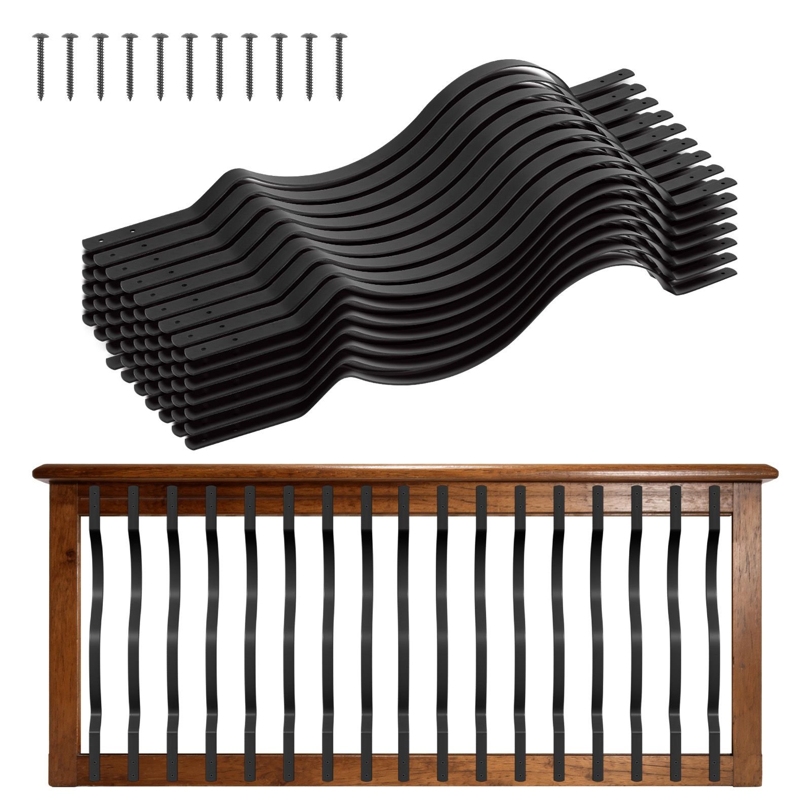 61 pack deck balusters, 32.28 x 1 in metal railing spindles, galvanized steel decking stair balusters with screws, stylish wavy design for outdoor deck, porch & staircase railing fence, black