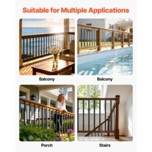 61 pack deck balusters, 36 in galvanized steel railing spindles, hollow rectangle metal decking stair balusters with pre drilled hole, end caps, screws, for deck, porch & stair railing, black