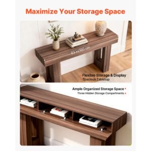 63 in console table, farmhouse desk behind the couch, wooden rectangle entrance desk, narrow long sofa table accent stand for hallway, bedroom, living room, foyer, easy assembly, brown