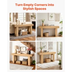 63 in console table, farmhouse desk behind the couch, wooden rectangle entrance desk, narrow long sofa table accent stand for hallway, bedroom, living room, foyer, easy assembly, burlywood