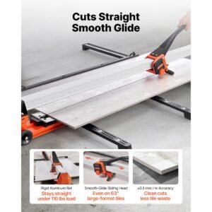 63 inch manual tile cutter, upgraded rail and sliding head, precision alignment guide, tungsten carbide cutting wheel, support legs with swivel wheels, for diy pros, ceramic, floor, wall tiles