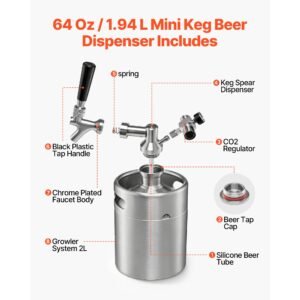 64oz mini keg, pressurized growler tap system, 304 stainless steel beer kit, with co2 regulator, self closing faucet, keeps fresh and carbonation for homebrew, craft and draft beer