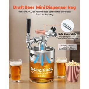 64oz mini keg, pressurized growler tap system, 304 stainless steel beer kit, with co2 regulator, self closing faucet, keeps fresh and carbonation for homebrew, craft and draft beer