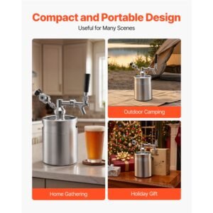 64oz mini keg, pressurized growler tap system, 304 stainless steel beer kit, with co2 regulator, self closing faucet, keeps fresh and carbonation for homebrew, craft and draft beer