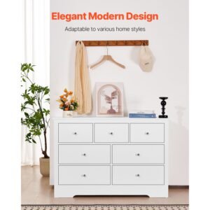 7 drawer dresser, wooden chest of drawers with sliding with anti tip device, modern minimalist dresser chest, closet storage organizer for living room, hallway, bedroom, entryway, light wood