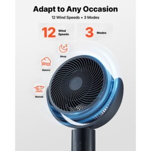 7 inch pedestal fan, oscillating standing floor fan with dc motor, remote control, 12 speeds & 3 modes, 15h timer, adjustable height, quiet for home, bedroom, living room, study room, blue gray