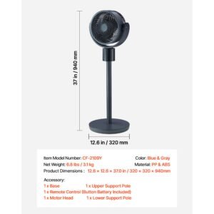 7 inch pedestal fan, oscillating standing floor fan with dc motor, remote control, 12 speeds & 3 modes, 15h timer, adjustable height, quiet for home, bedroom, living room, study room, blue gray