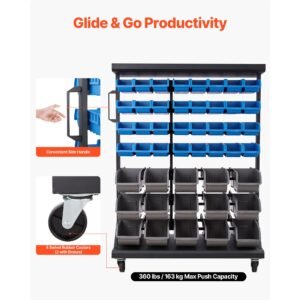 7 tier double sided rolling bin storage rack, 94 plastic bins, dual sided parts organizer with wheels, mobile tool organizer for garage, warehouse, office, restaurant, classroom, kitchen