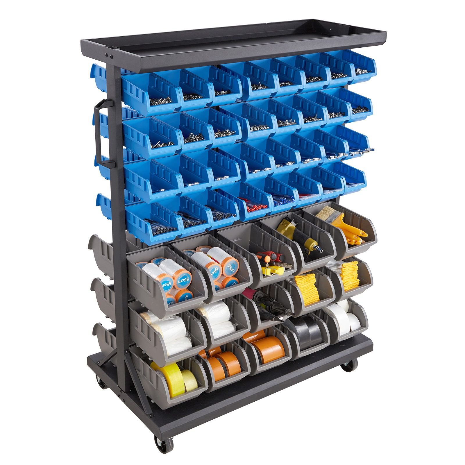 7 tier double sided rolling bin storage rack, 94 plastic bins, dual sided parts organizer with wheels, mobile tool organizer for garage, warehouse, office, restaurant, classroom, kitchen