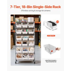 7 tier rolling bin storage rack, 18 organizer bins, bin rack storage steel wire shelving system with wheels, mobile tool organizer for garage, warehouse, office, restaurant, classroom, kitchen