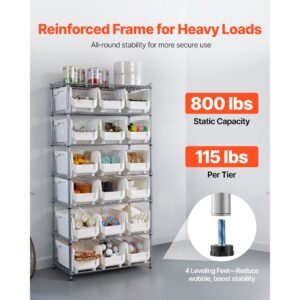 7 tier rolling bin storage rack, 18 organizer bins, bin rack storage steel wire shelving system with wheels, mobile tool organizer for garage, warehouse, office, restaurant, classroom, kitchen