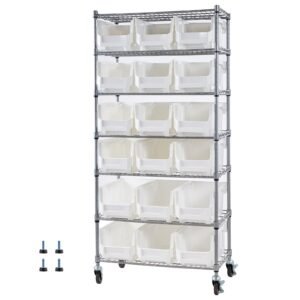 7-Tier Rolling Bin Storage Rack, 18 Organizer Bins, Bin Rack Storage Steel Wire Shelving System with Wheels, Mobile Tool Organizer for Garage, Warehouse, Office, Restaurant, Classroom, Kitchen