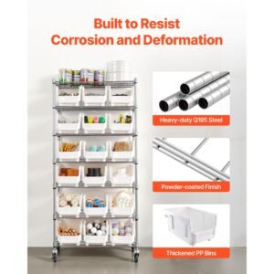 7 tier rolling bin storage rack, 18 organizer bins, bin rack storage steel wire shelving system with wheels, mobile tool organizer for garage, warehouse, office, restaurant, classroom, kitchen