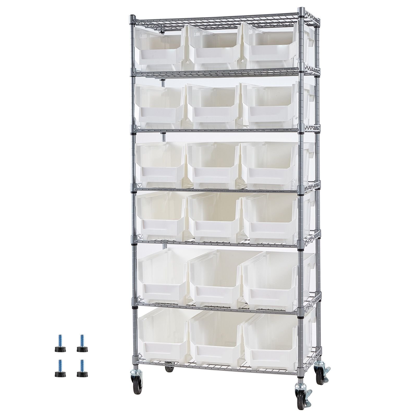 7 tier rolling bin storage rack, 18 organizer bins, bin rack storage steel wire shelving system with wheels, mobile tool organizer for garage, warehouse, office, restaurant, classroom, kitchen