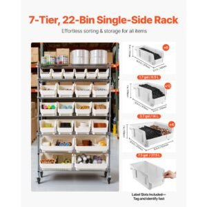 7 tier rolling bin storage rack, 22 organizer bins, bin rack storage steel wire shelving system with wheels, mobile tool organizer for garage, warehouse, office, restaurant, classroom, kitchen