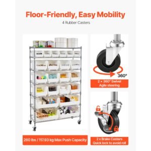 7 tier rolling bin storage rack, 22 organizer bins, bin rack storage steel wire shelving system with wheels, mobile tool organizer for garage, warehouse, office, restaurant, classroom, kitchen