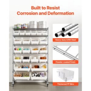 7 tier rolling bin storage rack, 22 organizer bins, bin rack storage steel wire shelving system with wheels, mobile tool organizer for garage, warehouse, office, restaurant, classroom, kitchen