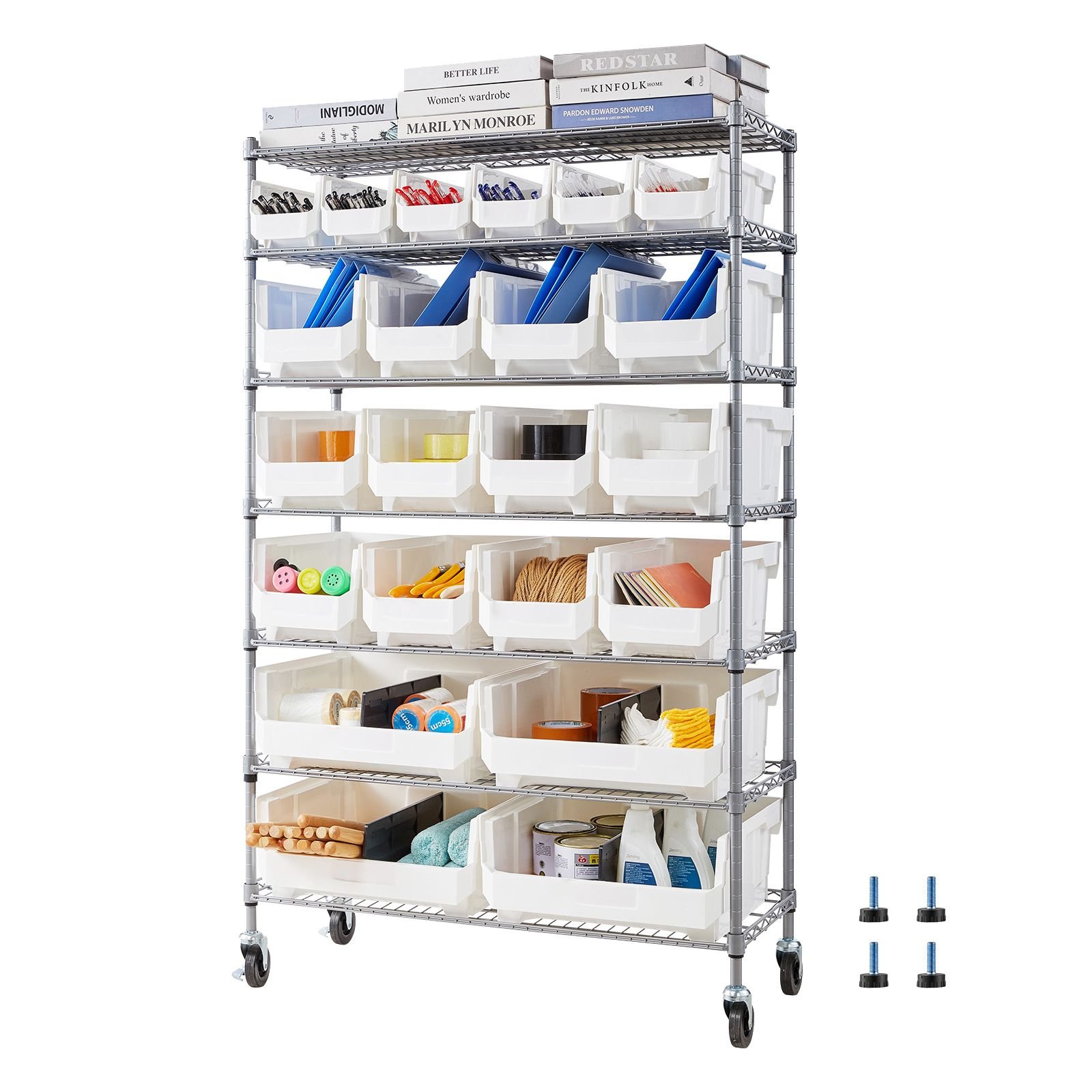7 tier rolling bin storage rack, 22 organizer bins, bin rack storage steel wire shelving system with wheels, mobile tool organizer for garage, warehouse, office, restaurant, classroom, kitchen