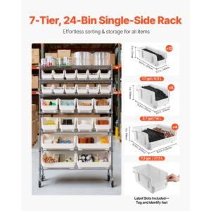 7 tier rolling bin storage rack, 24 organizer bins, bin rack storage steel wire shelving system with wheels, mobile tool organizer for garage, warehouse, office, restaurant, classroom, kitchen