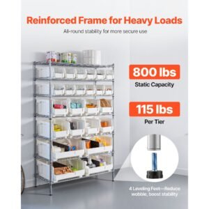 7 tier rolling bin storage rack, 24 organizer bins, bin rack storage steel wire shelving system with wheels, mobile tool organizer for garage, warehouse, office, restaurant, classroom, kitchen