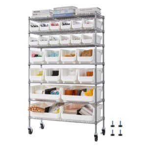 7-Tier Rolling Bin Storage Rack, 24 Organizer Bins, Bin Rack Storage Steel Wire Shelving System with Wheels, Mobile Tool Organizer for Garage, Warehouse, Office, Restaurant, Classroom, Kitchen