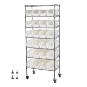 7-Tier Rolling Bin Storage Rack, 24 Small Bins, Bin Rack Storage Steel Wire Shelving System with Wheels, Mobile Tool Organizer for Garage, Warehouse, Office, Restaurant, Classroom, Kitchen