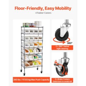 7 tier rolling bin storage rack, 24 small bins, bin rack storage steel wire shelving system with wheels, mobile tool organizer for garage, warehouse, office, restaurant, classroom, kitchen