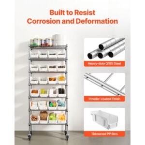 7 tier rolling bin storage rack, 24 small bins, bin rack storage steel wire shelving system with wheels, mobile tool organizer for garage, warehouse, office, restaurant, classroom, kitchen