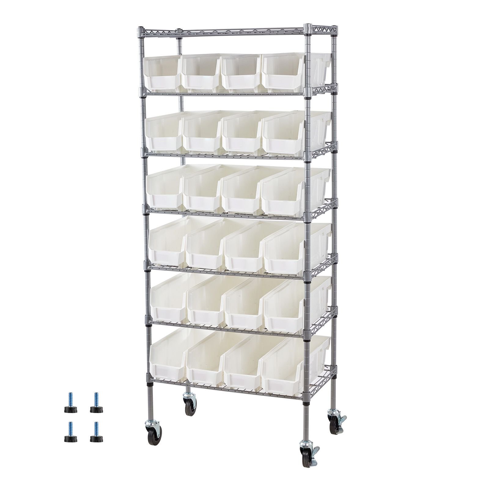 7 tier rolling bin storage rack, 24 small bins, bin rack storage steel wire shelving system with wheels, mobile tool organizer for garage, warehouse, office, restaurant, classroom, kitchen