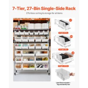 7 tier rolling bin storage rack, 26 organizer bins, bin rack storage steel wire shelving system with wheels, mobile tool organizer for garage, warehouse, office, restaurant, classroom, kitchen