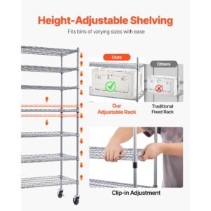 7 tier rolling bin storage rack, 26 organizer bins, bin rack storage steel wire shelving system with wheels, mobile tool organizer for garage, warehouse, office, restaurant, classroom, kitchen