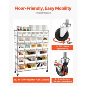 7 tier rolling bin storage rack, 26 organizer bins, bin rack storage steel wire shelving system with wheels, mobile tool organizer for garage, warehouse, office, restaurant, classroom, kitchen
