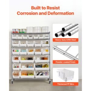 7 tier rolling bin storage rack, 26 organizer bins, bin rack storage steel wire shelving system with wheels, mobile tool organizer for garage, warehouse, office, restaurant, classroom, kitchen